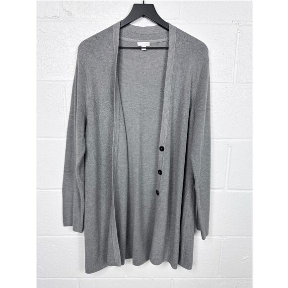 J Jill Cardigan Duster Sweater Womens L Gray Ribbed Button Front Longline - Picture 1 of 6